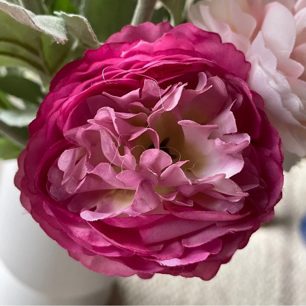 PEONIES Pink and White Floral rosy Peony Arrangement in ceramic matte white vase